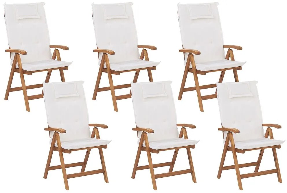 Sada 6 záhradných stoličiek z agátového dreva s vankúšikmi biela JAVA Beliani