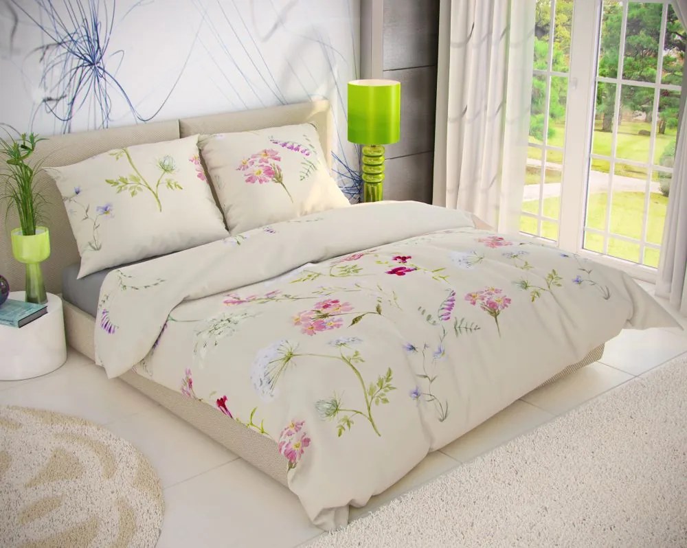 Kvalitex Bavlnené obliečky DELUX 140x200 + 70x90 cm - BOTANICA smotanová