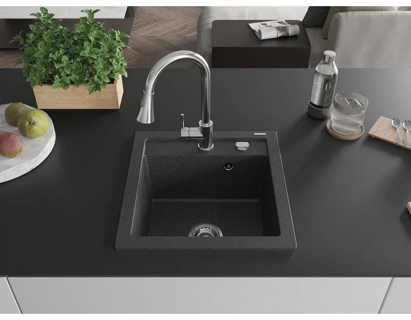 Mexen Vito, 1-komorový granitový drez 490x520x210 mm a drezová batéria Elia, čierna škvrnitá, 6503-76-670101-00