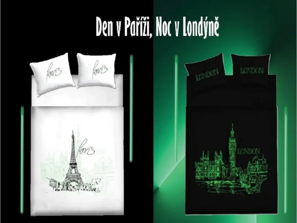 Svietiace bavlnené obliečky DEŇ V PARÍŽI, NOC V LONDÝNE biele Rozmer obliečky: 70 x 90 cm | 140 x 200 cm