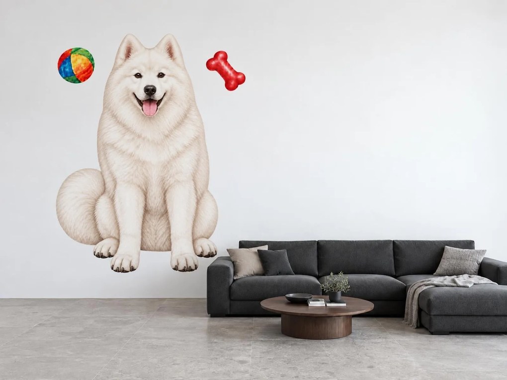 Samojed s loptičkou a kosťou realistické textilné nálepky na stenu pre milovníkov samojedov hárok 30 x 46 cm