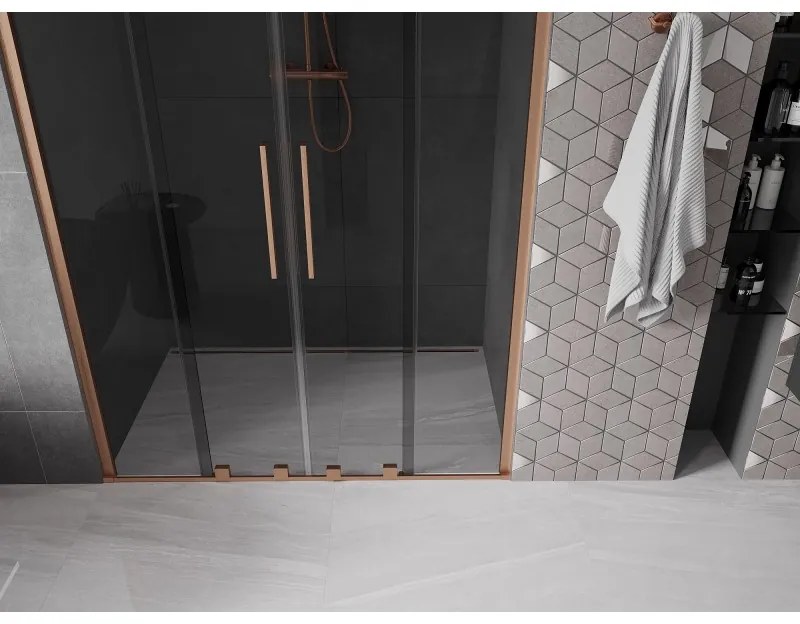 Mexen Velar Duo, posuvné sprchové dvere do otvoru 140 cm, 8mm šedé sklo, medená matná, 871-140-000-42-65