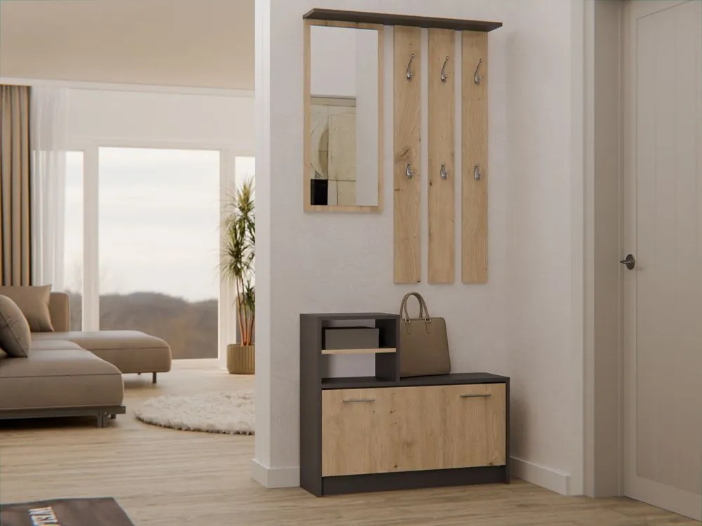 Predsieňová zostava Vayan 1 (antracit + dub artisan) (so zrkadlom). Akcia -18%. Vlastná spoľahlivá doprava až k Vám domov. 1132523
