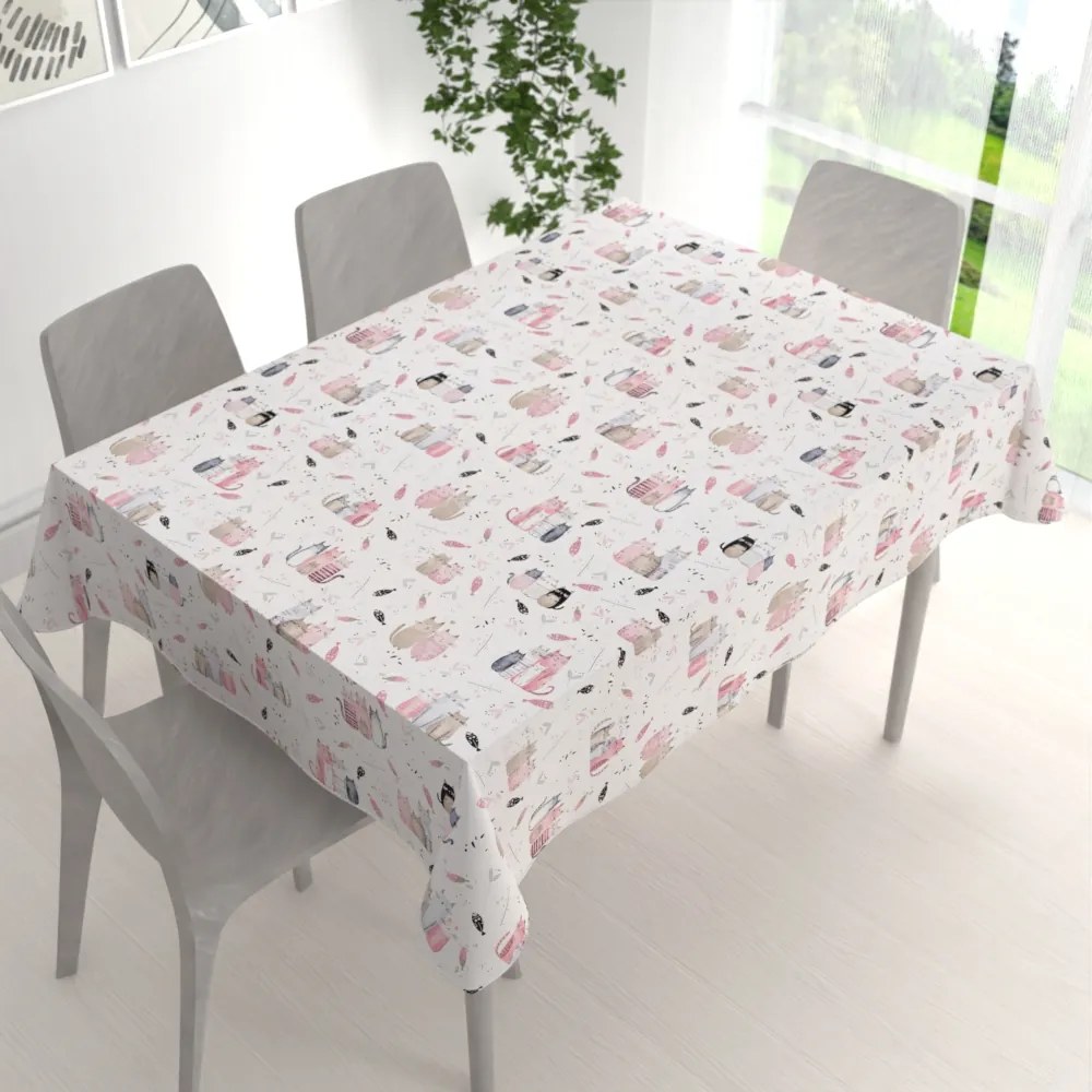 Biante Detský bavlnený obdĺžnikový obrus Sandra SA-654 Mačací svet ružovo-hnedý na bielom 120x160 cm