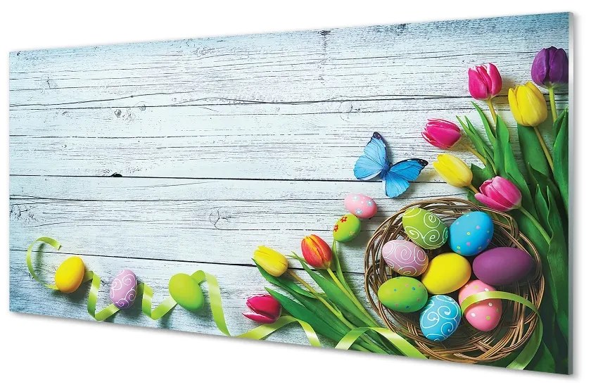 Sklenený obraz Eggs tulipány motýľ 100x50 cm