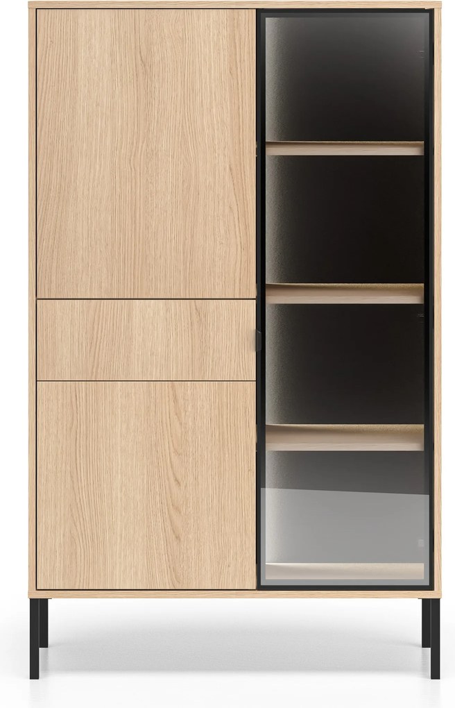 Vysoká vitrína Harmona 92 cm so zásuvkou a osvetlením - dub lindberg