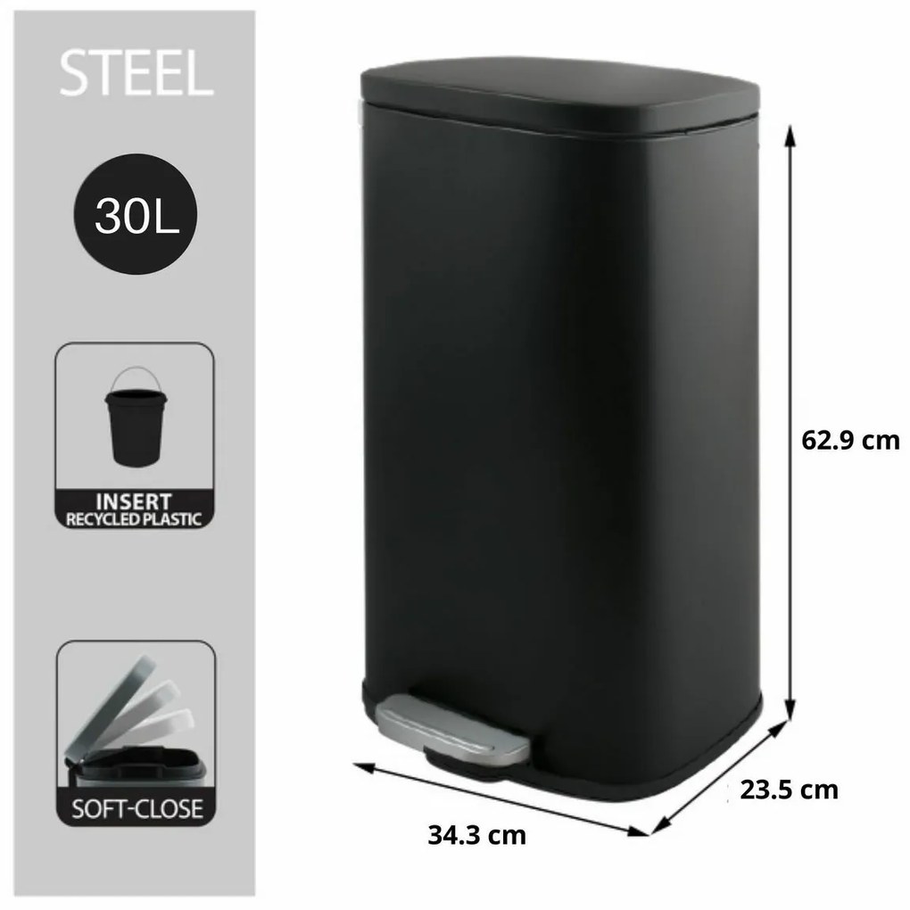 Spirella Akira 30 l odpadkový kôš s pedálom atichým zatváraním, matná čierna, 30 l