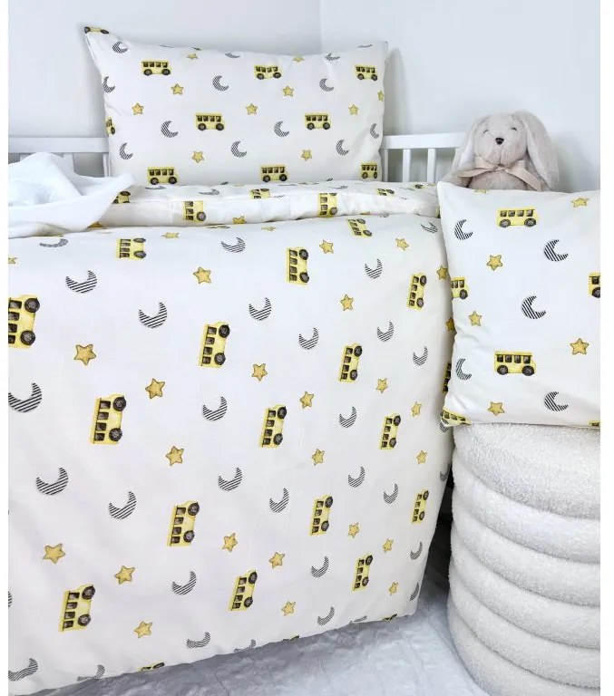 Posteľná obliečka do postieľky Žltý Autobus 90x130 / 45x65 cm – 100% bavlna, hravý motív pre chlapcov, zips