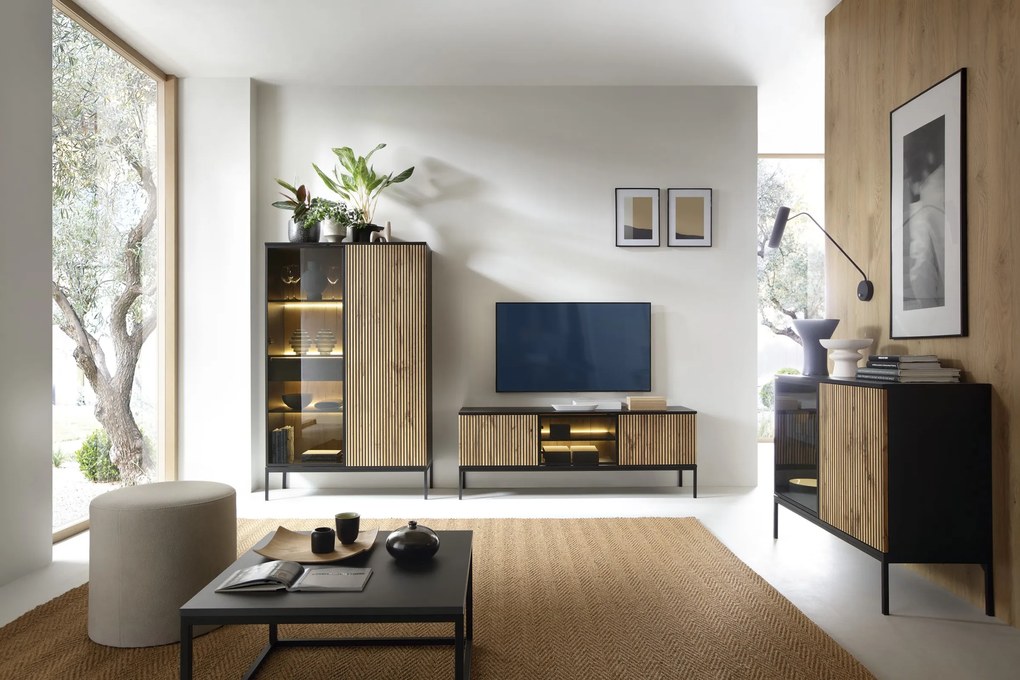 Komoda Sento s LED osvetlením 154 cm dub wotan/čierna