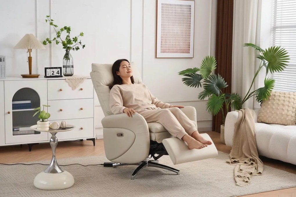 VASHOME Elektrický relaxačný kreslo s nastaviteľným operadlom a podnožkou, s USB nabíjačkou, Béžová