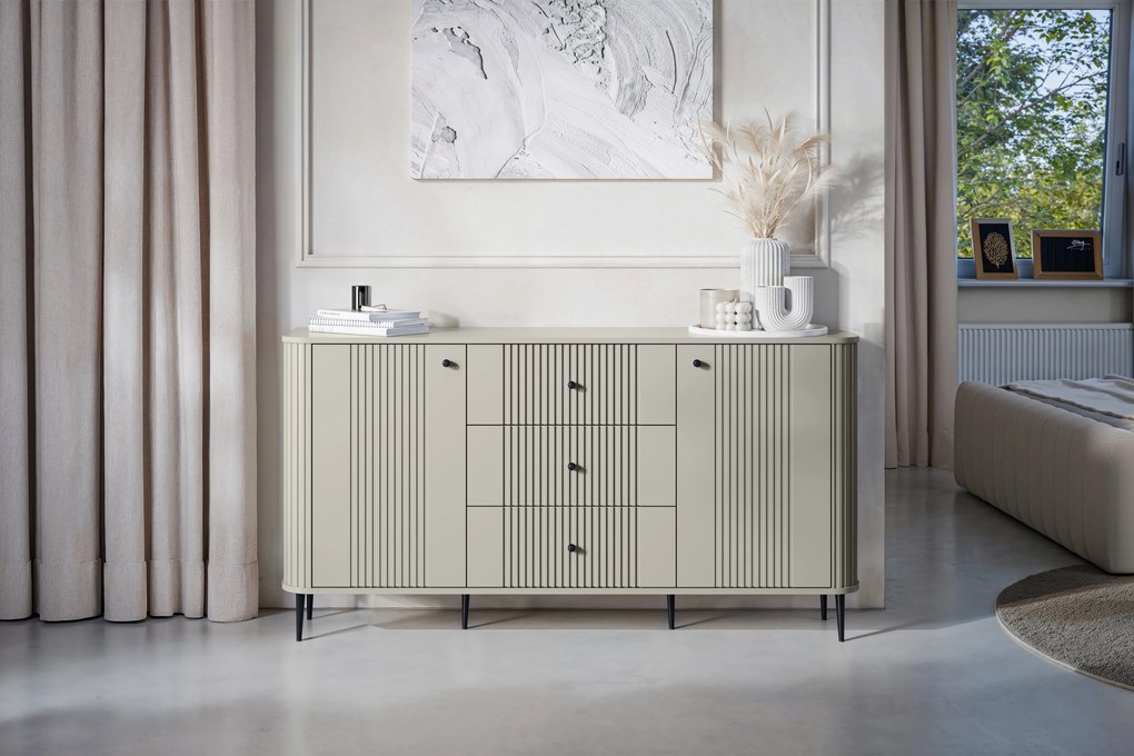 Komoda Vesper 160 cm so zásuvkami na nožičkách - kašmír / čierne nohy