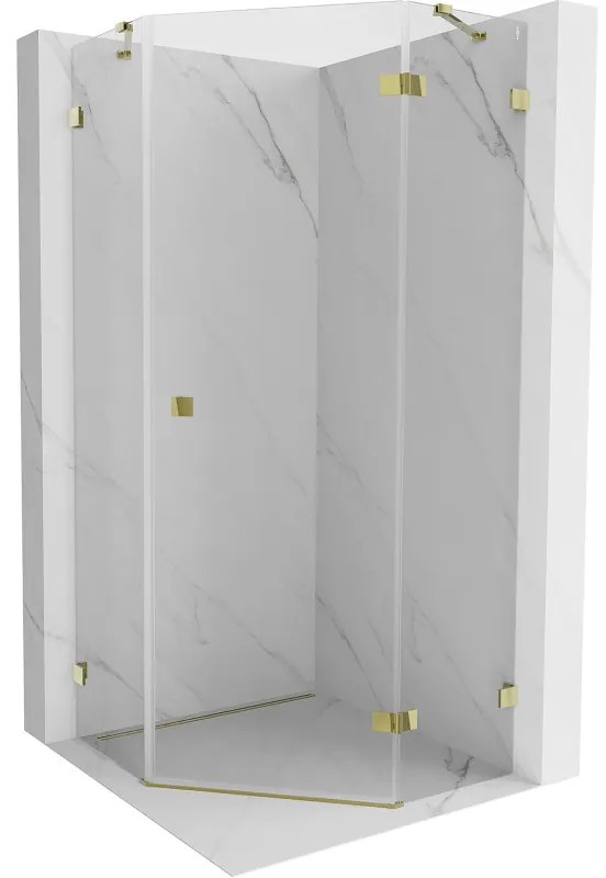 Mexen Lunar, výklopný päťuholníkový sprchový kút pravý 90 x 90 cm, 8mm číre sklo, zlatý profil, 831-090P-090L-50-00-P