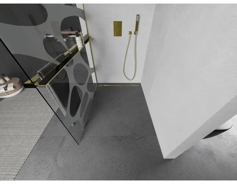 Mexen Kioto+ L, sprchová zástena Walk-In s poličkou a vešiakom 90 x 200 cm, 8mm číre sklo biely vzor, zlatý lesklý profil,800-090-123-50-97