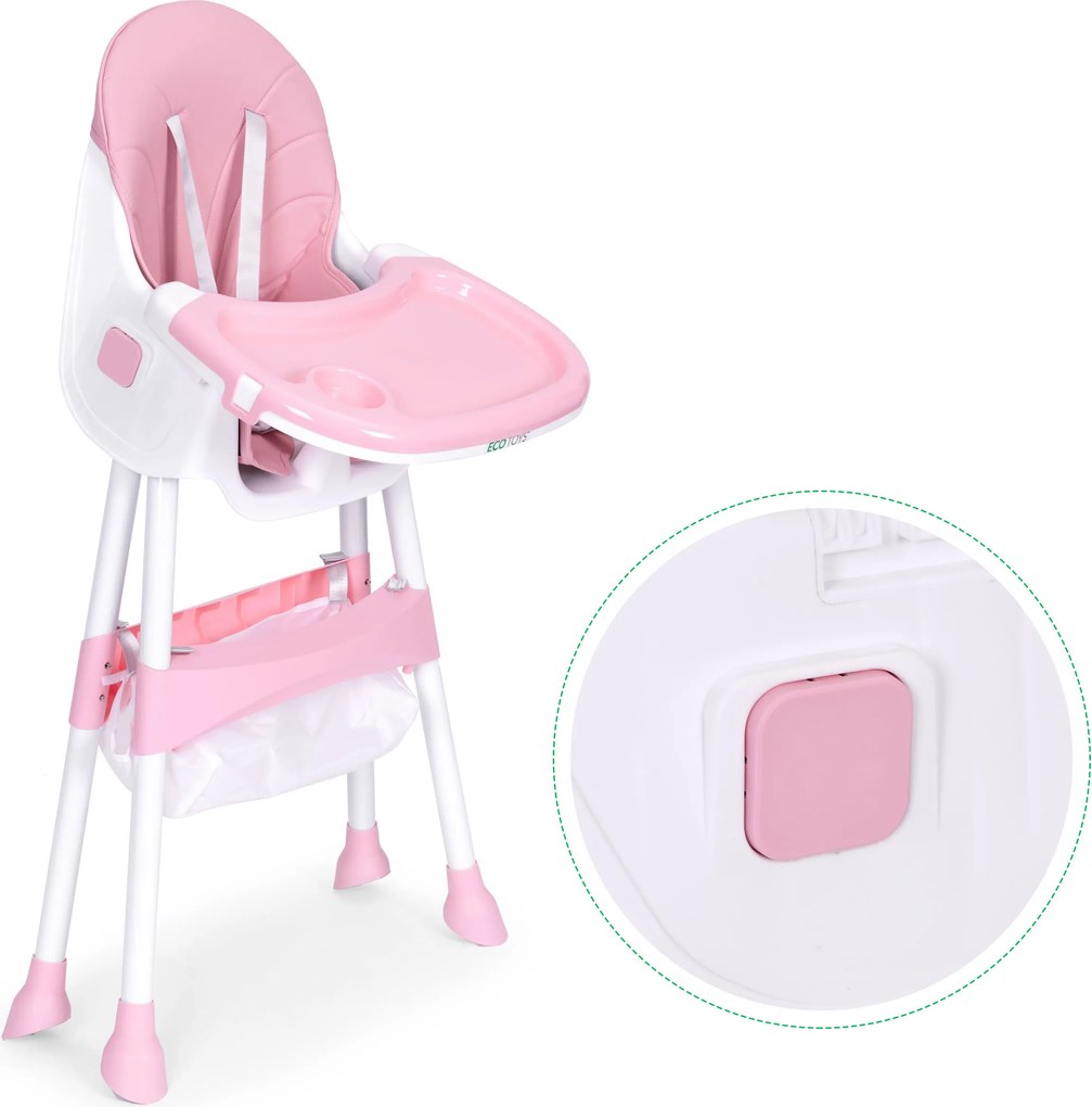 ECOTOYS jedálenské kresielko pre deti, ružové, 5-bodové