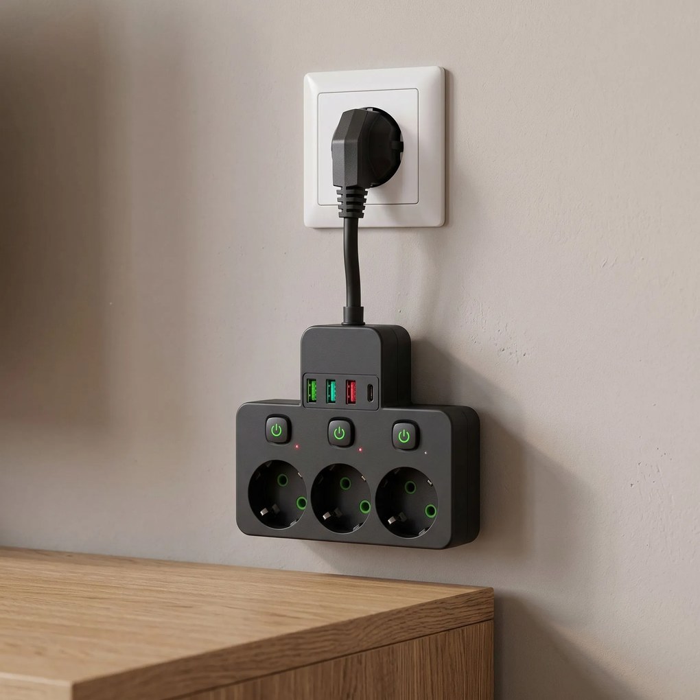 Toolight Toolight, JNH018, zásuvkový rozbočovač 3 zásuvky + 3× USB-A + USB-C s LED svetlom, čierna, OSW-56307