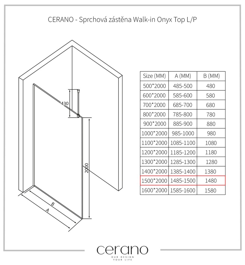 CERANO - Sprchová zástena Walk-in Onyx Top L/P - guľatá vzpera - čierna matná, transparentné sklo - 150x200 cm, CER-CER-8050BD1690