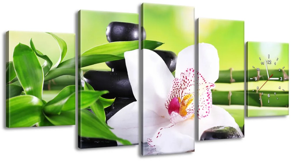 Gario Obraz s hodinami Biela orchidea a kamene - 5 dielny Rozmery: 150 x 105 cm