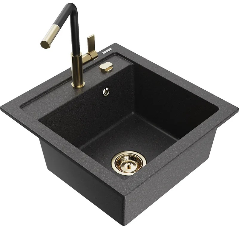 Mexen Vito, 1-komorový granitový drez 490x520x210 mm a drezová batéria Flora, čierna škvrnitá, 6503-76-670401-57-G