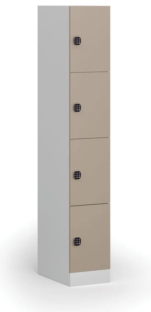 Šatníková skrinka s úložnými boxmi, 4 boxy, 1850 x 300 x 500 mm, demont, kódový zámok, béžové dvere