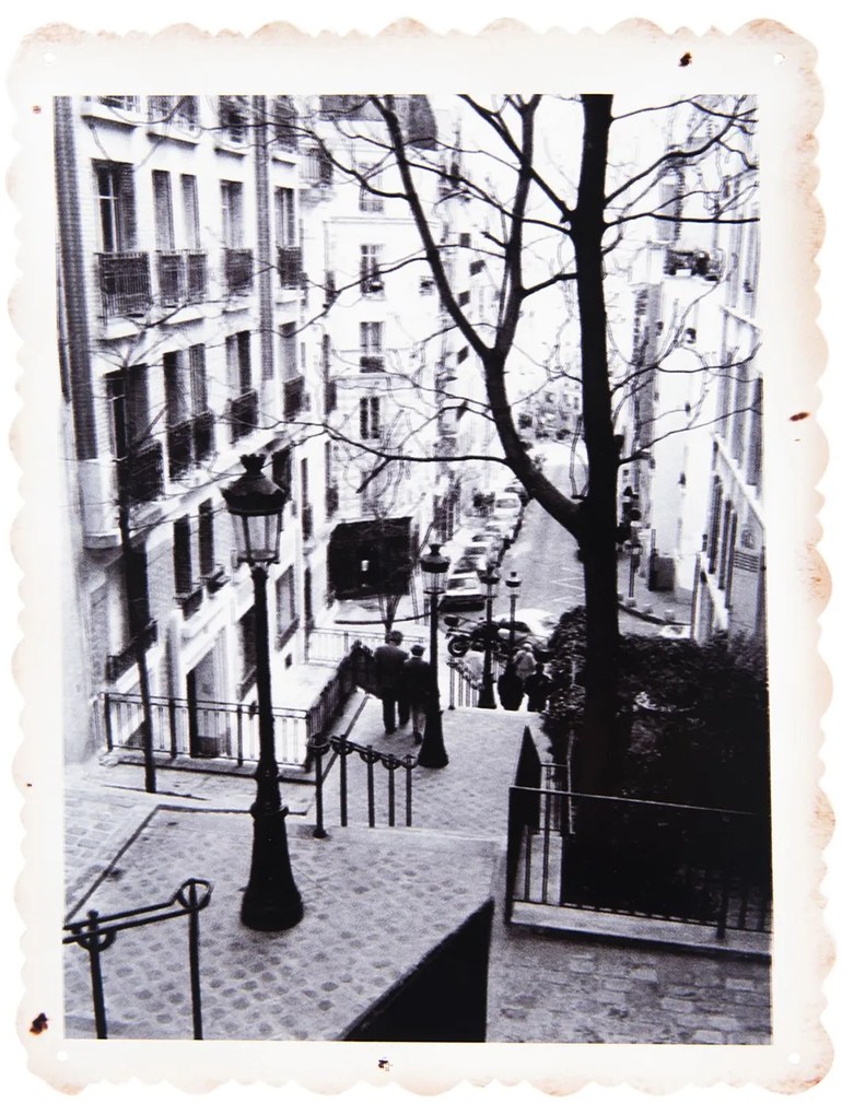 Nástenná kovová ceduľa čiernobiele schodisko - 25 * 33 cm