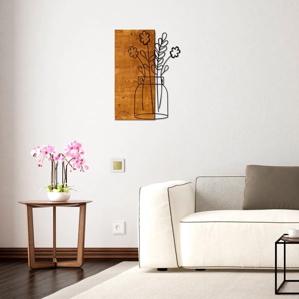 Nástenná drevená dekorácia KVETY II hnedá/čierna