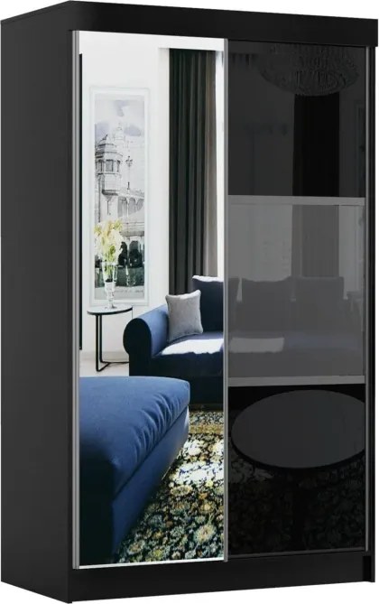 Šatníková skriňa Rumba, 120 cm, čierna/čierne sklo