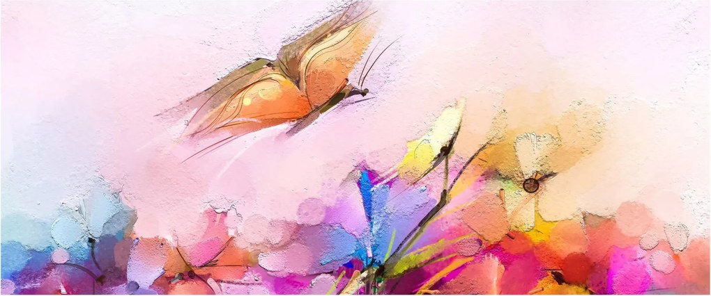 Obraz - Motýľ nad kvetinou, abstrakcia (120x50 cm)