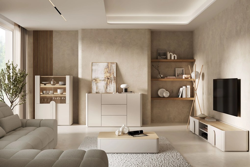 Vitrína Amilio 100 cm dvojdverová - kašmír / olejovaný dub / úchyty kašmír