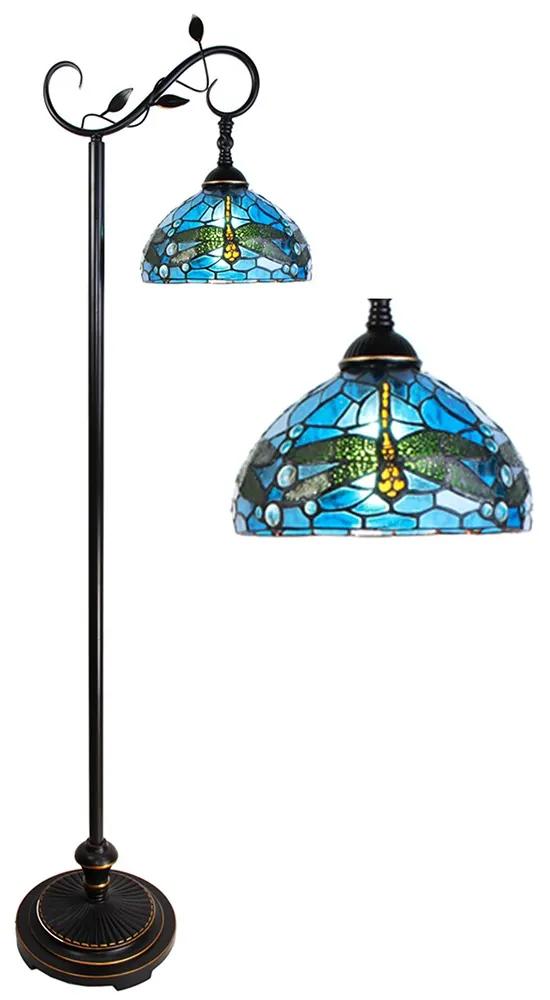 Modrá stojacia Tiffany lampa s vážkami Dragonfly - 36*25*152 cm E27/max 1*60W