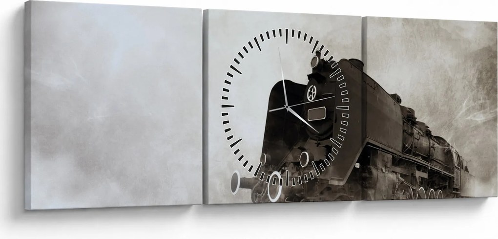Obraz - Vlak v hmle (s hodinami) (90x30 cm)