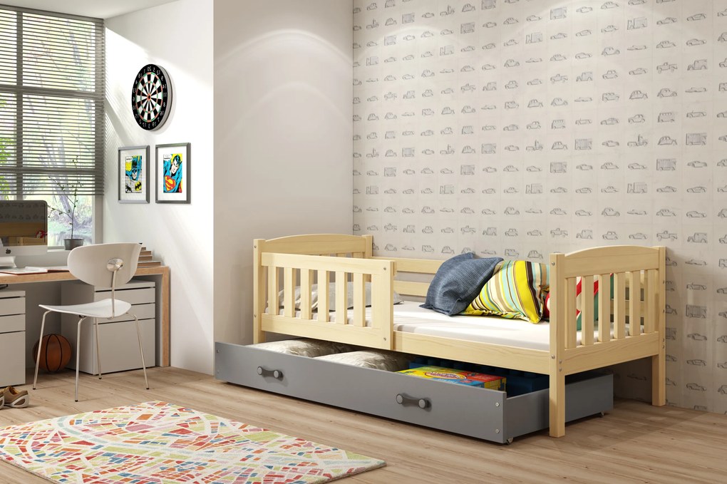 Interbeds Jednolôžková posteľ Kubus2 prírodná 160x80 s matracom a šuplíkom - grafitová