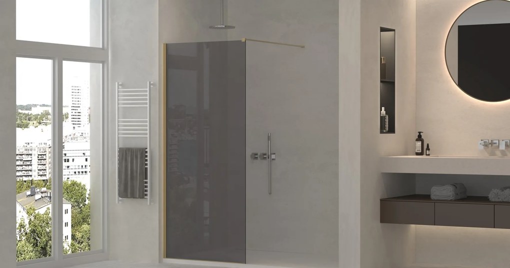 Erga Paris, sprchová zástena Walk-In 130x200 cm, 8mm šedé sklo, zlatý matný profil, ERG-V02-PARIS-130x200-GR-GB