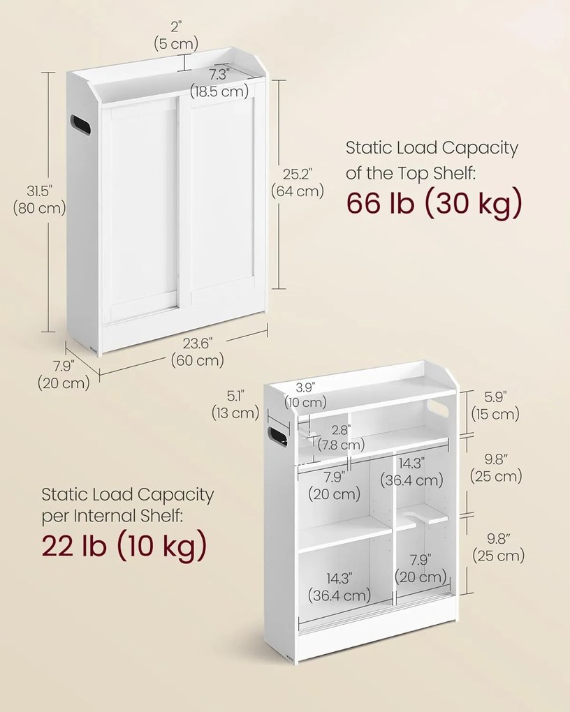 Kúpeľňová skrinka, úzky kúpeľňový úložný priestor s držiakom na toaletný papier, biela