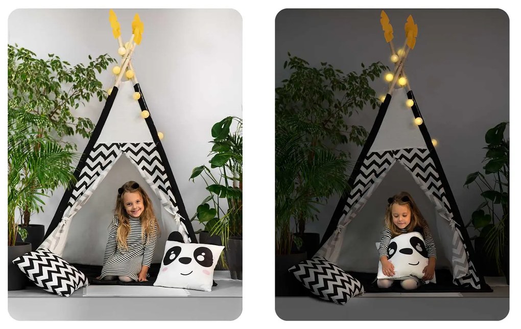 Detské típí s girlandou a svetielkami Nukido 740025 - panda
