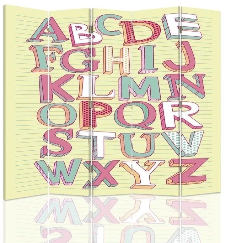 Ozdobný paraván Barevná písmena abecedy - 180x170 cm, päťdielny, obojstranný paraván 360°
