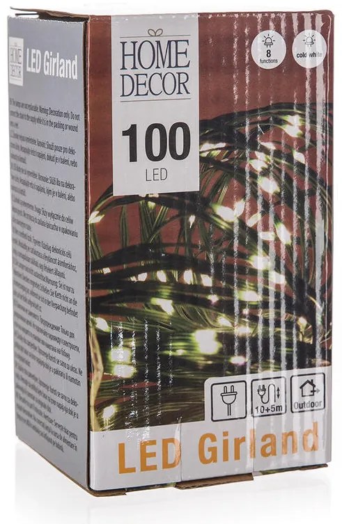 Svetelná reťaz vnútorné / vonkajšie studené biele svetlo 100 LED, 10 + 5 m, 8 funkcií