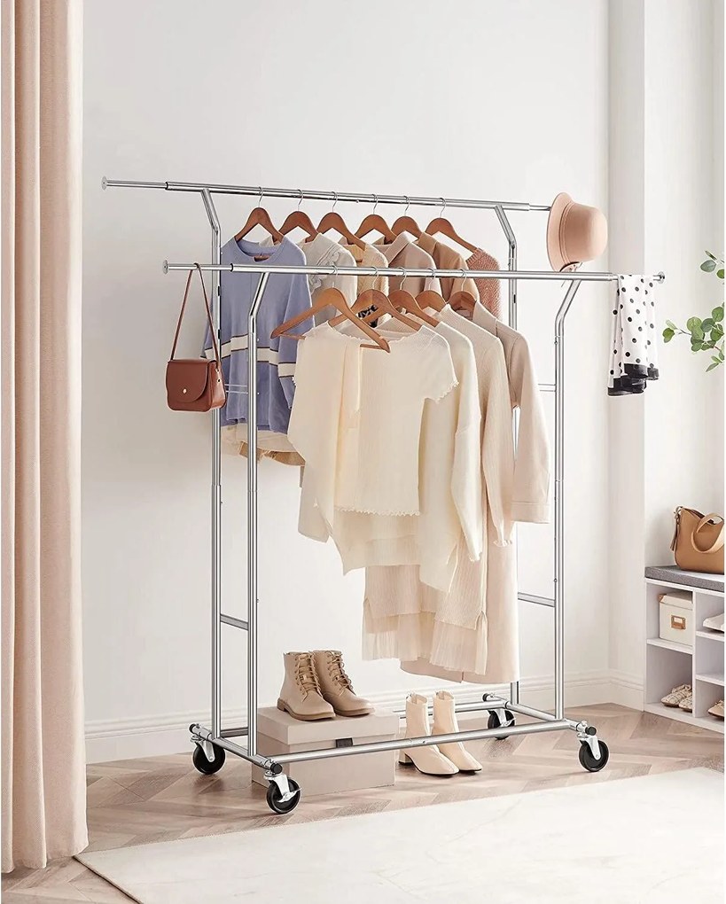 Kovový stojan na šaty s kolieskami, s vysokou nosnosťou do 110 kg, strieborná farba