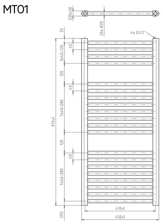 Mereo, Vykurovací rebrík 450x1330 mm, rovný, biely, MER-MT02