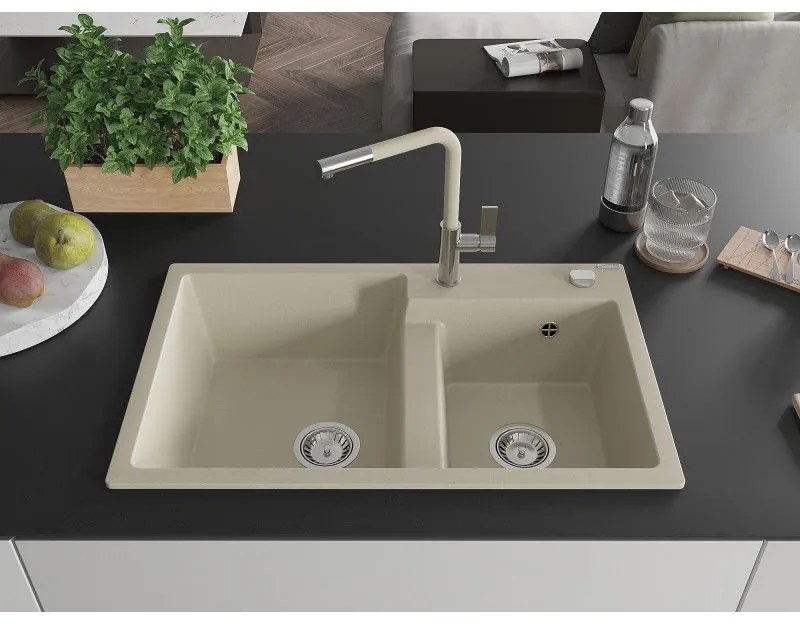 Mexen Tomas, 2-komorový granitový drez 800x500x190 mm a drezová batéria Flora, béžová, 6516-69-670401-09