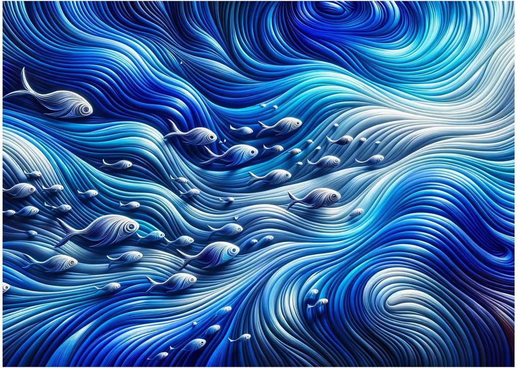 Sklenený obraz – Ryby vo vlnách (70x50 cm)