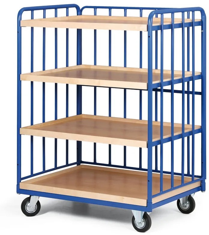 Policový vozík, 4 police s hranou, 3 bočnice s výplňou, nosnosť 200 kg