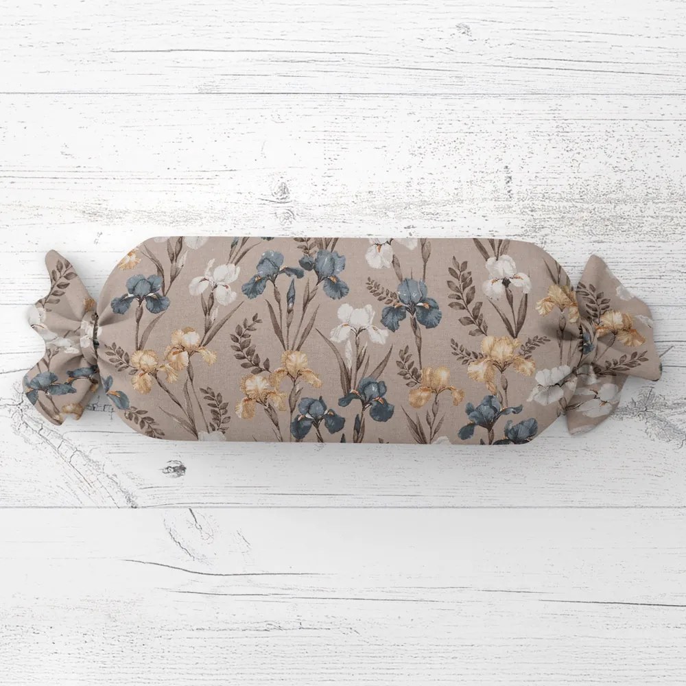 Biante Vankúš valec bonbon Sandra SA-637 Modro-béžovo-biele kosatce na sivobéžovom 15x40 cm