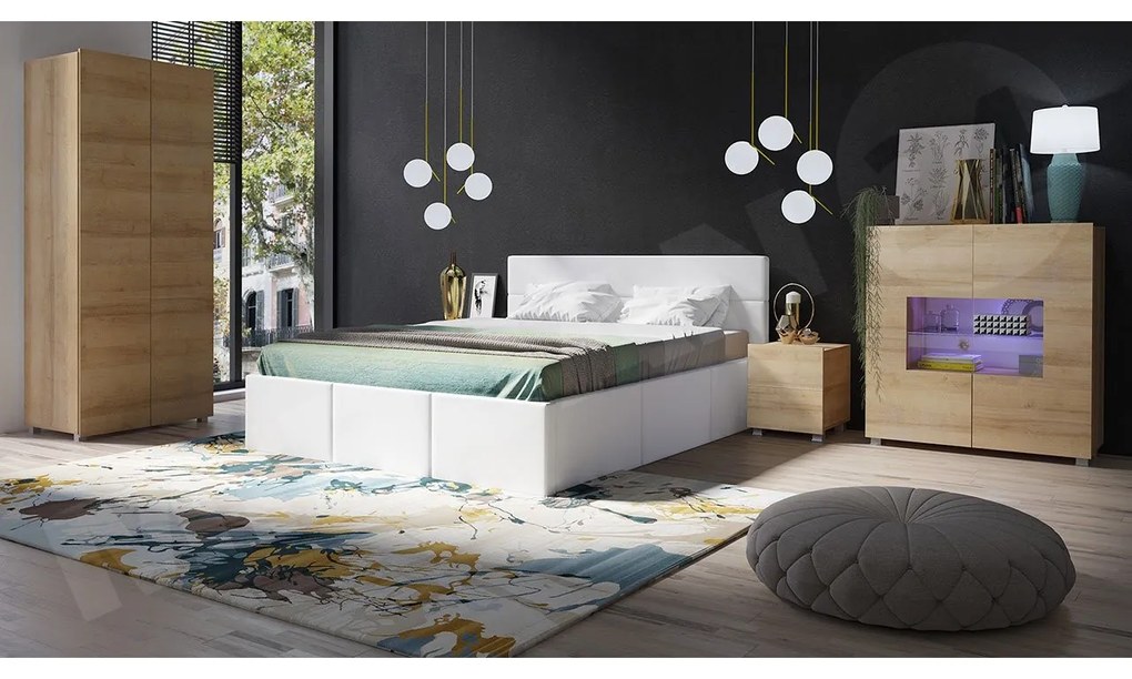 Spálňa Bralani XIX, Farby: dub zlatá, Dostupné poťahy: ekokoža Soft 011, Osvetlenie: osvetlenie LED modré