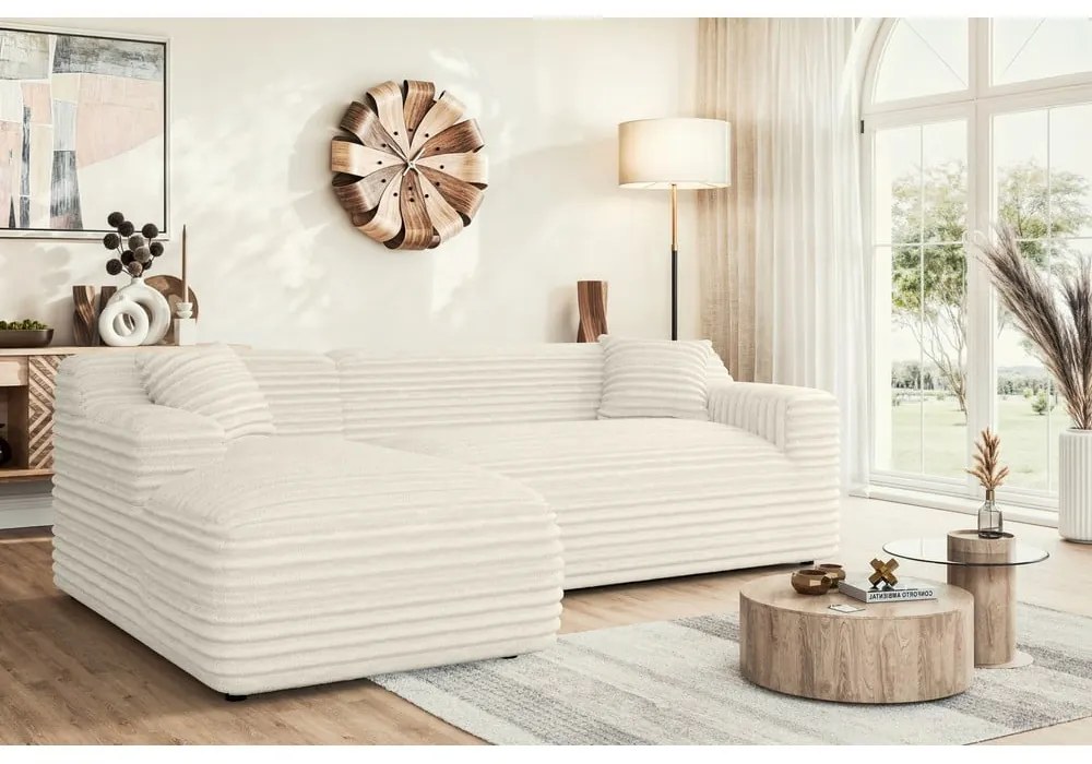 Krémová menčestrová rohová pohovka (ľavý roh/s leňoškou) Martin – Ropez