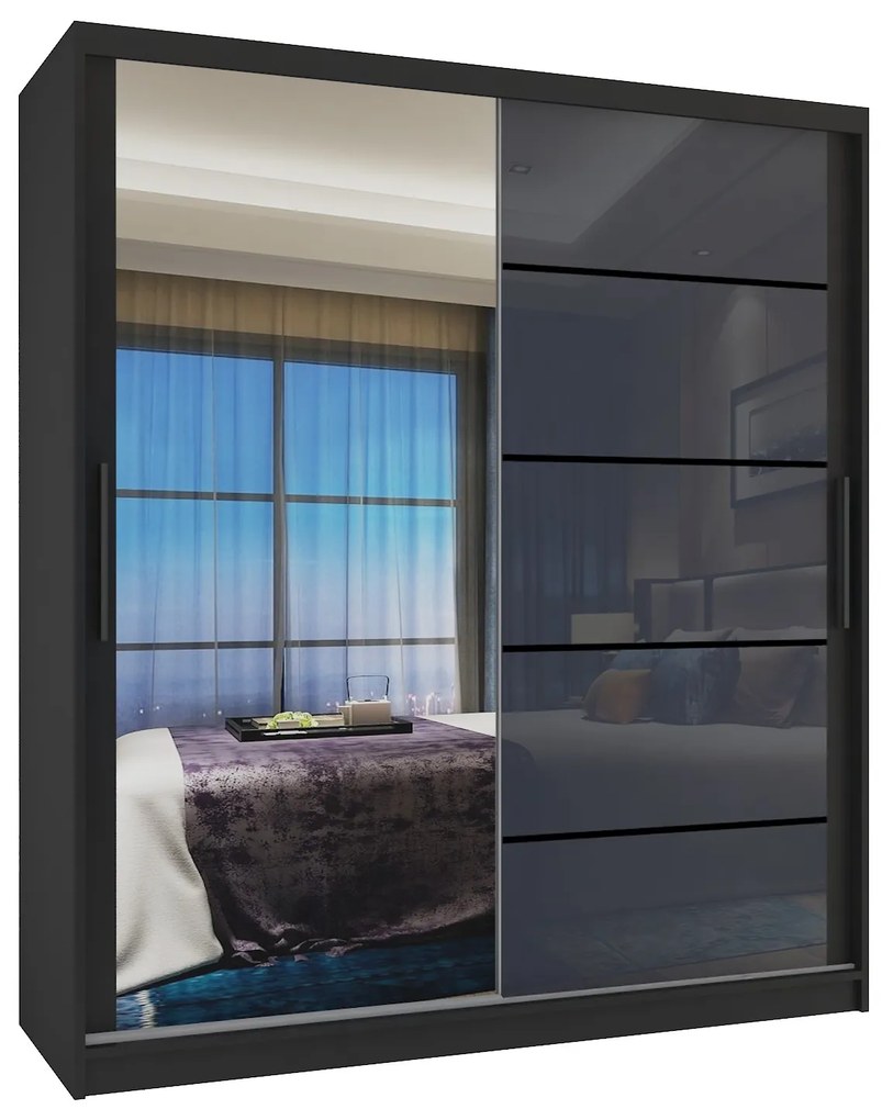 Šatníková skriňa 133 cm Belini čierny mat / šedý lesk s posuvnými dverami zrkadlom a zásuvkami  MGB SZP6/1/B/1L5S/KLP