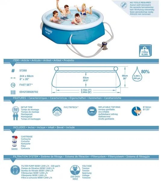 InternetovaZahrada Bazén - Bestway Fast set - Ø 244 cm V 66 cm + príslušenstvo