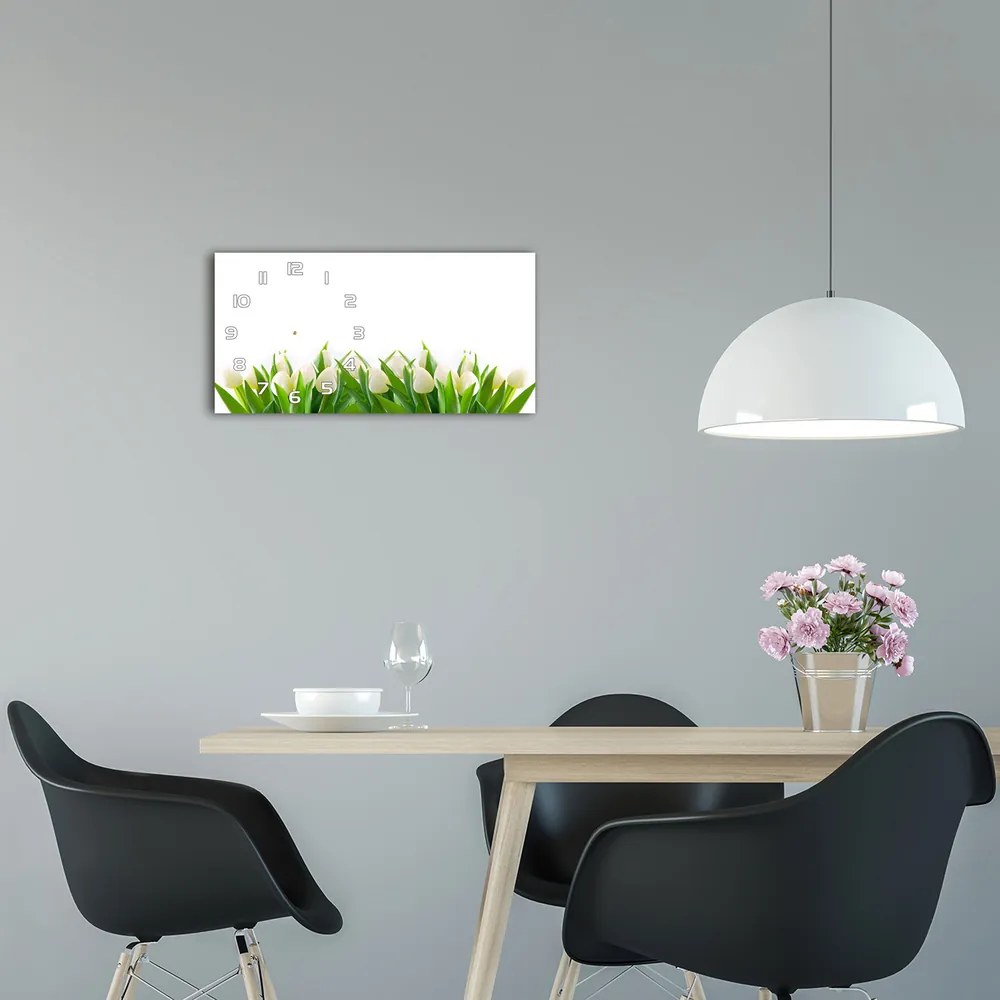 Sklenené hodiny na stenu tiché Biele tulipány pl_zsp_60x30_f_30153186