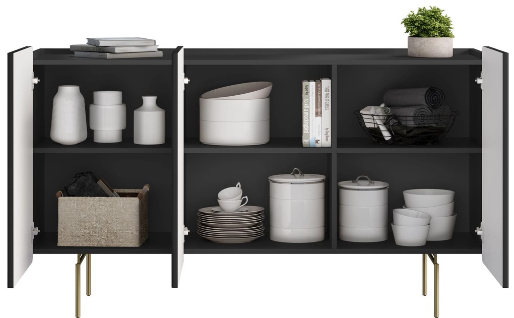 Komoda Malmi 150 cm trojdverová - čierny mat / zlaté nohy