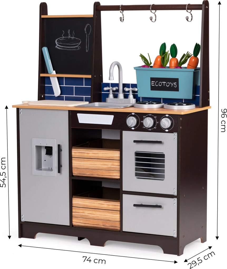 Drevená kuchynka pre deti ECOTOYS so zvukovým dávkovačom vody, príslušenstvom a krájačom