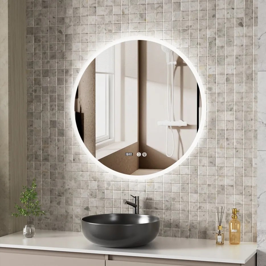 Erga Deam, okrúhle LED zrkadlo 80cm, 3 farby svetla, predné osvetlenie, vyhrievacia podložka proti zapareniu, ERG-V01-Deam-8080-CL